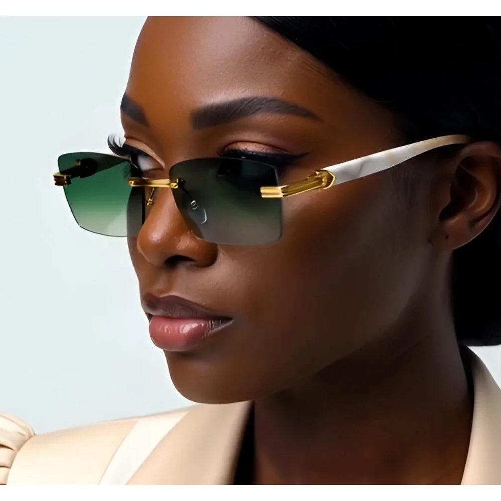 Rimless Rectangle Sunglasses Vintage Style Gold Frame Horn Rim Fashion Women New